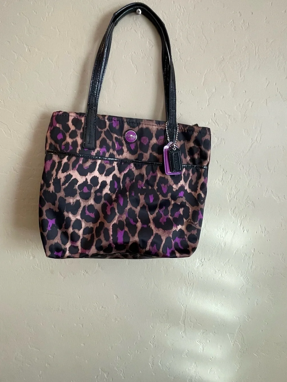 Coach Leopard-Print Tote in Black, Brown & Purple y2k animal print sateen